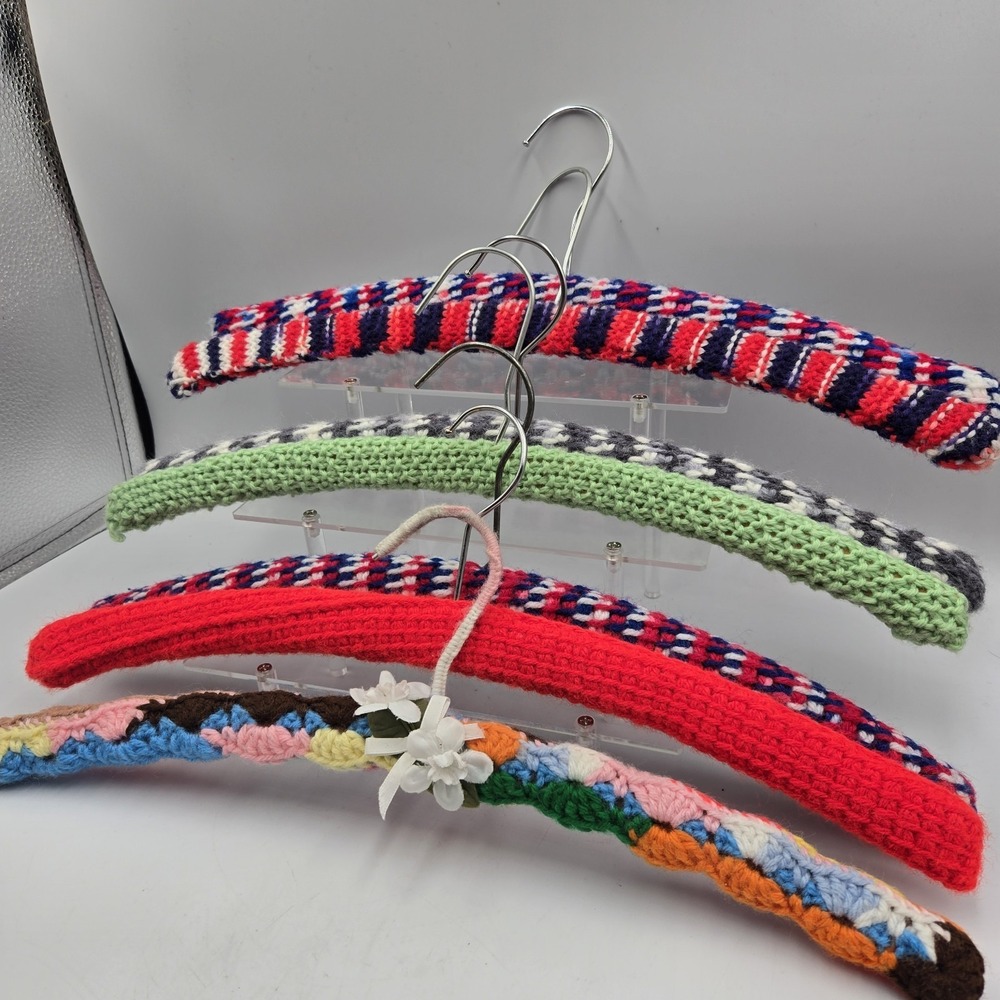 Crochet Knitted Hangers Grannycore Chic Lot of 7 VTG Handmade Wooden Fancy Color